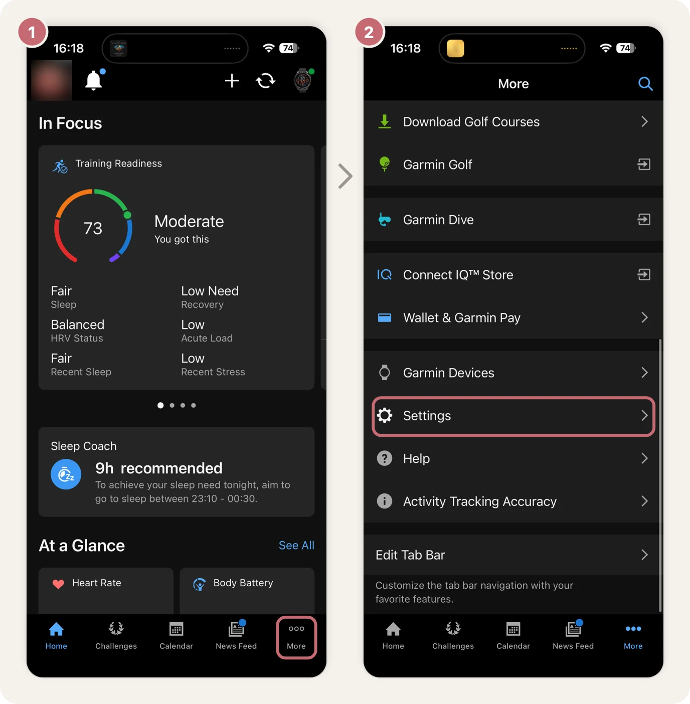 Step 1: Garmin Connect's home screen with More circled. Step 2: the More screen scrolled down, with Settings circled
