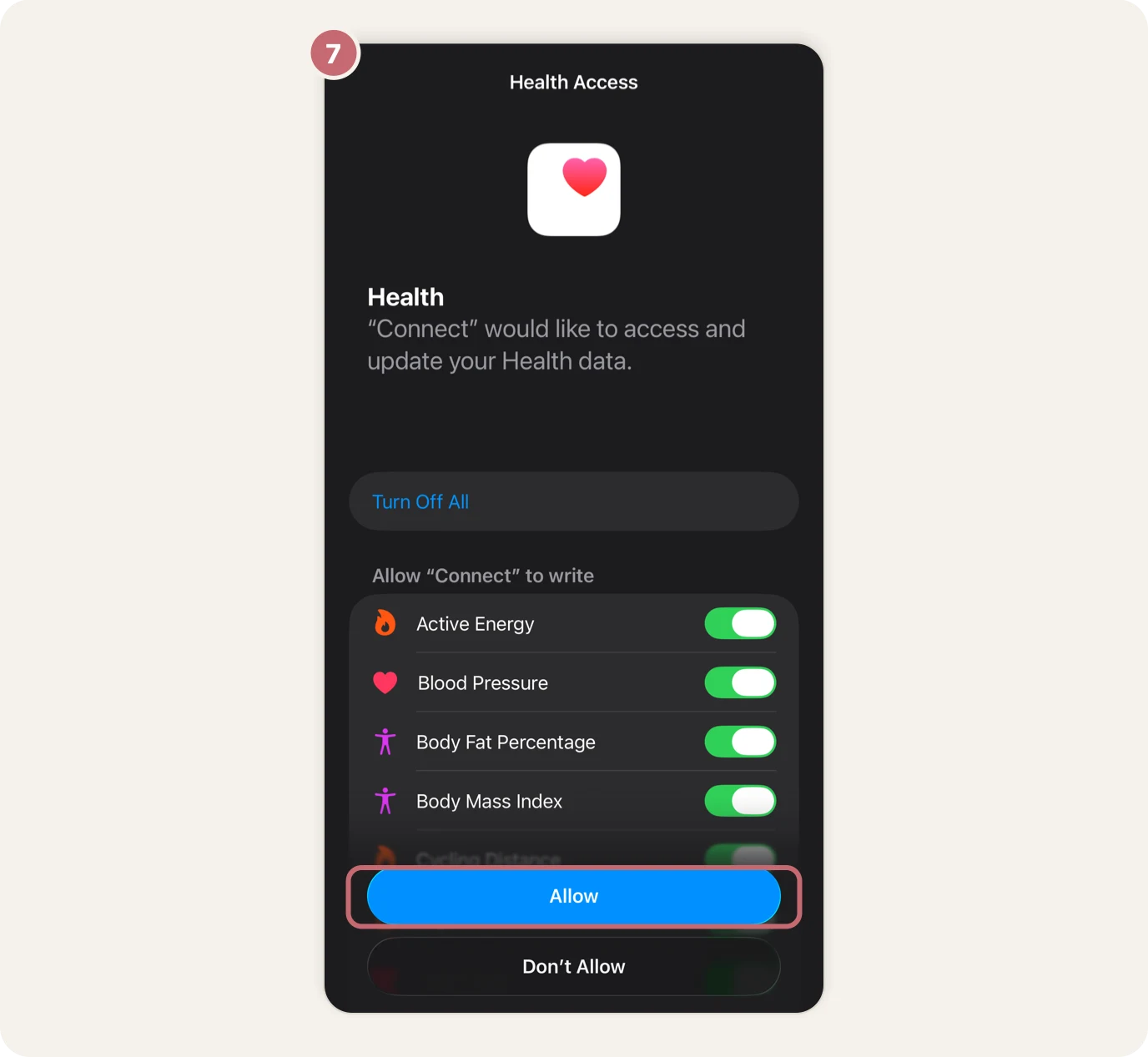 Step 7: the iPhone's sharing screen with every switch on and Allow circled