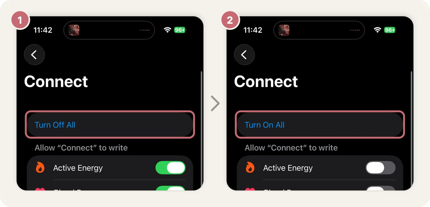 Step 1: Connect's settings with Turn Off All circled. Step 2: every switch off and Turn On All circled
