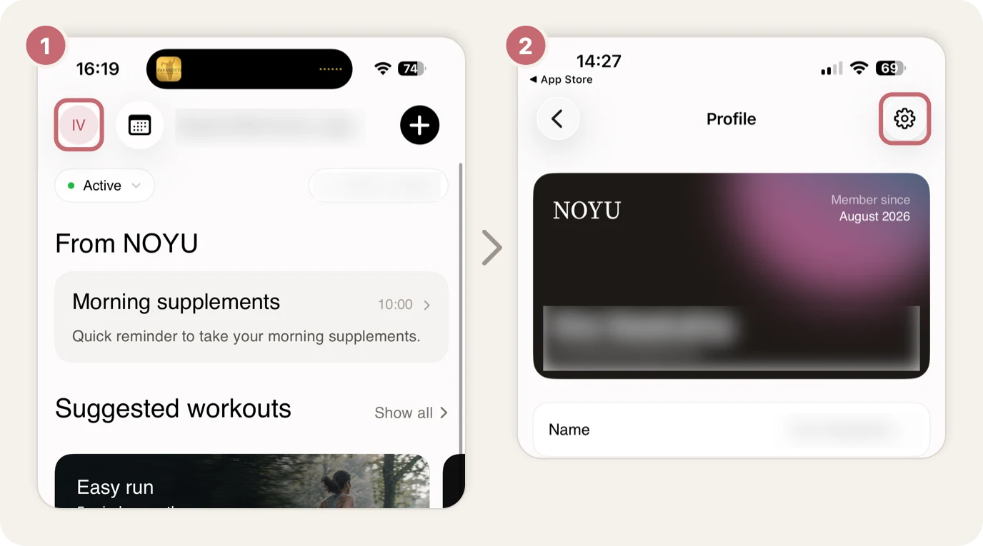 Step 1: NOYU's Home with the profile button circled. Step 2: Profile with the settings icon circled