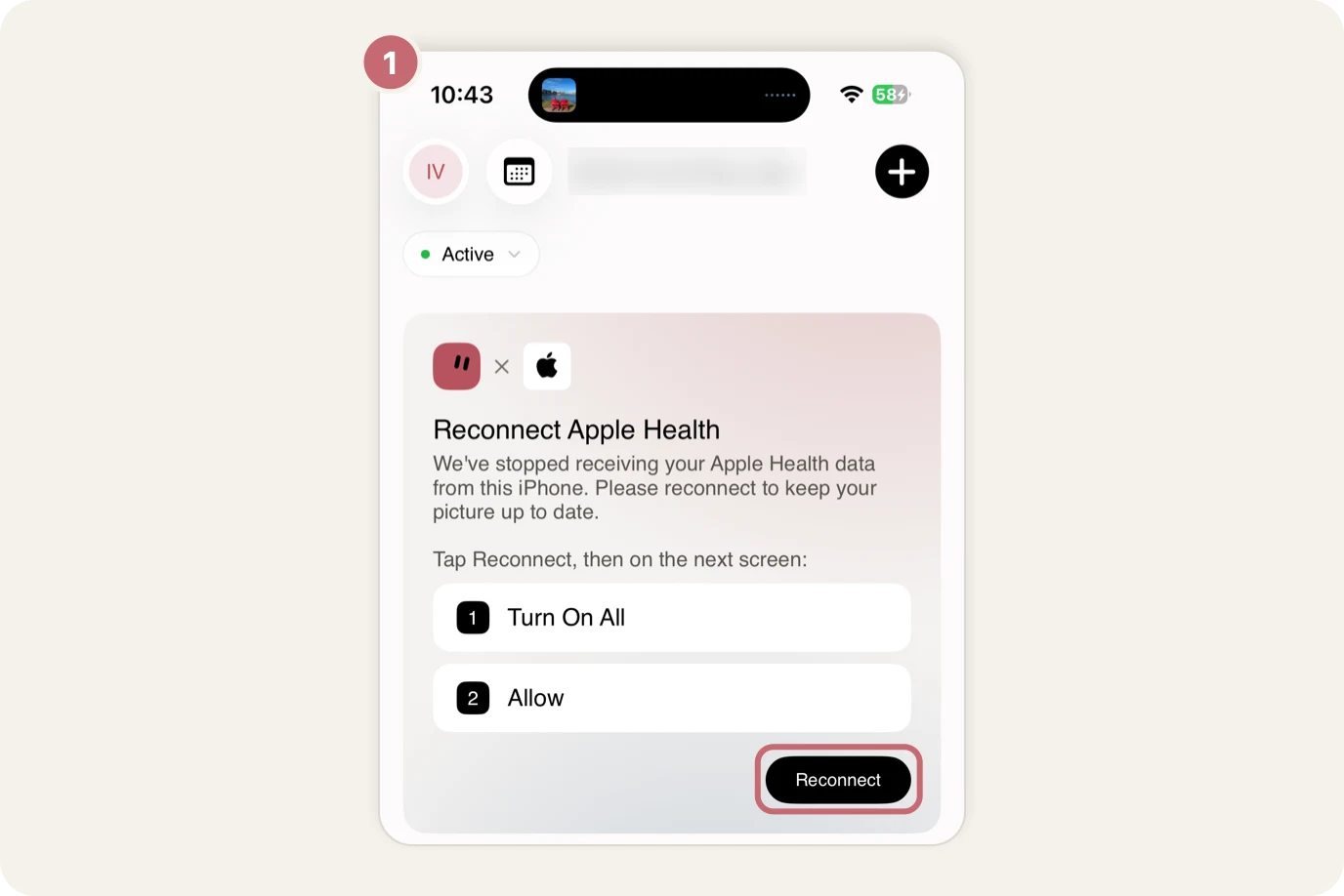 NOYU's Home with the Reconnect Apple Health card and the Reconnect button circled