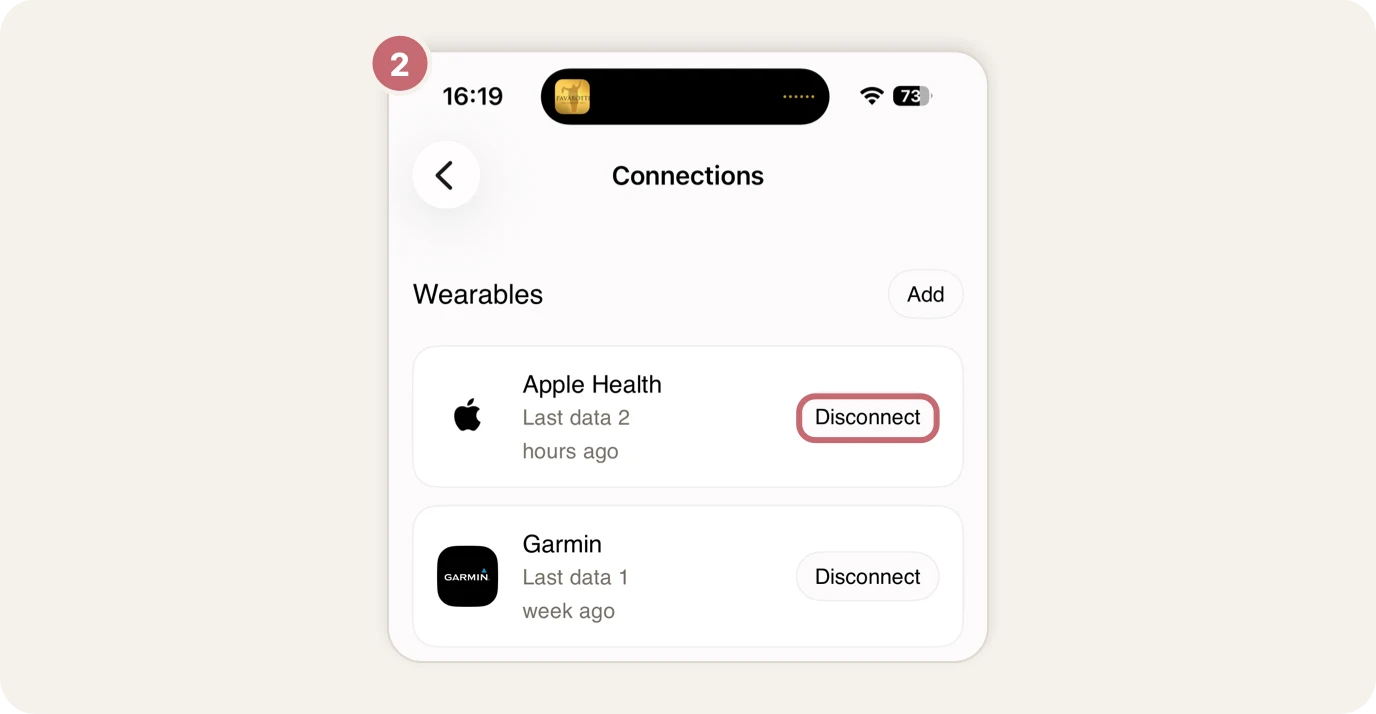 Step 2: NOYU's Connections with Disconnect next to Apple Health circled